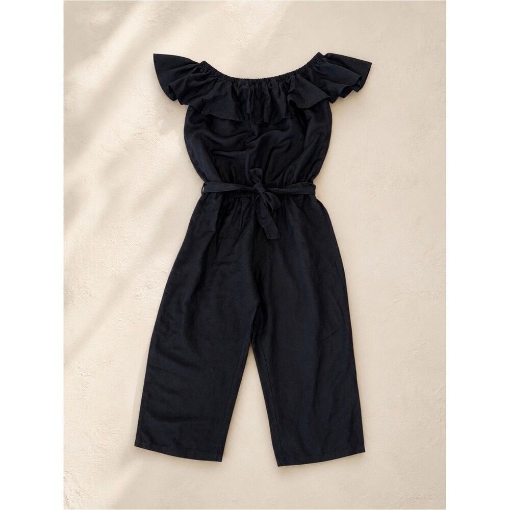 Tommy Bahama Womens S Black Linen Viscose Off Shoulder Ruffle Wide Leg Jumpsuit